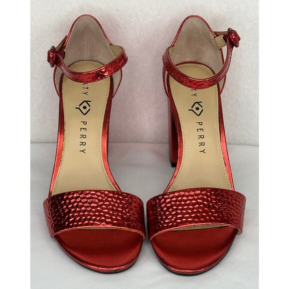 Katy Perry The Liz Red Hammered Emboss Shiny Ankle Strap Sandals 7M - Picture 4 of 8